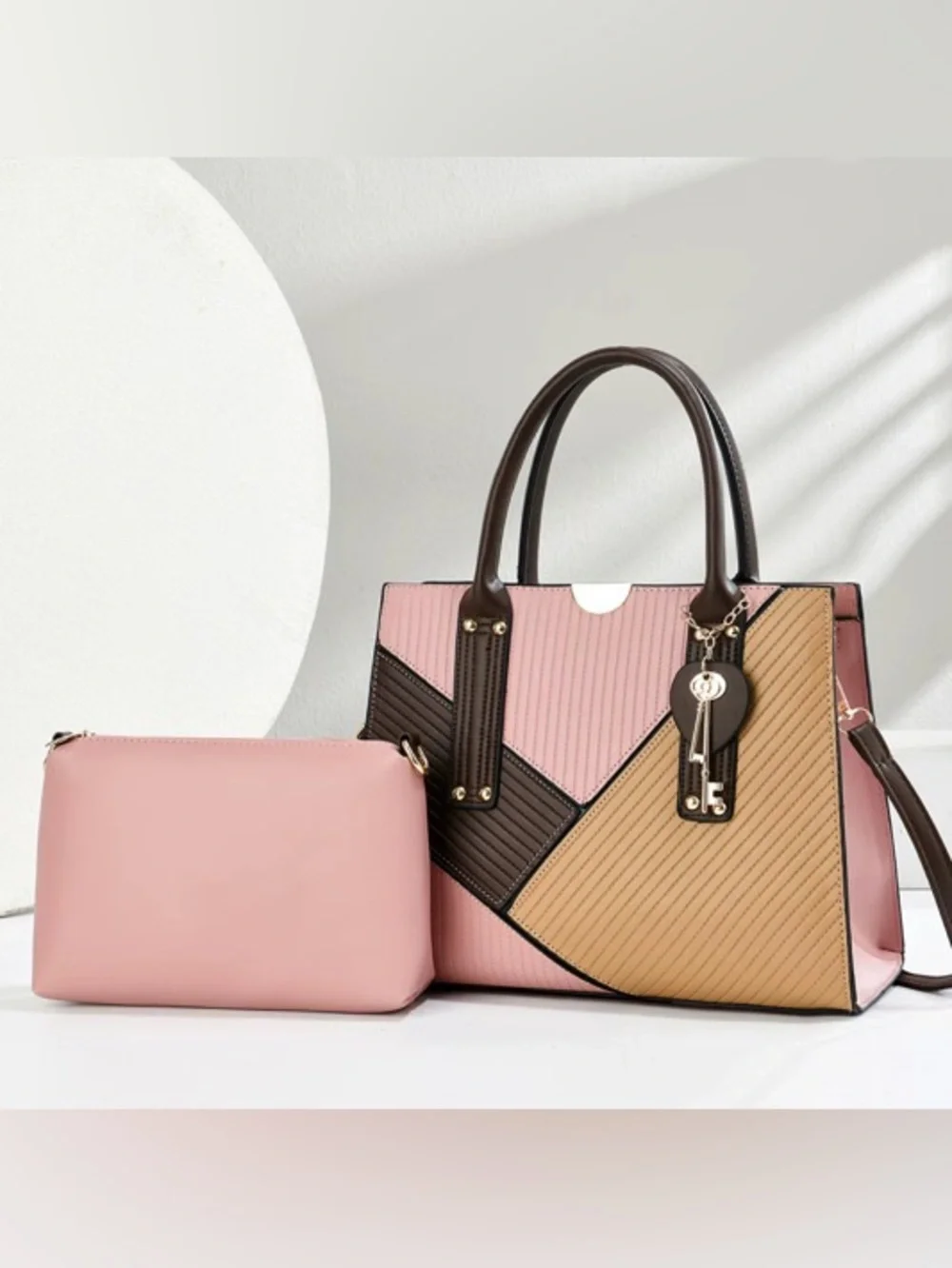 Fashion Patchwork Tote Bag with Pink Carry Pouch
